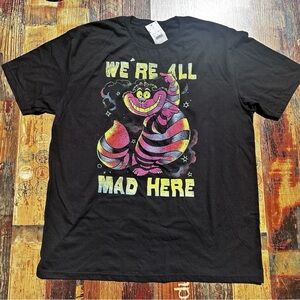 Disney Cheshire Cat T-Shirt XL We're All Mad Here Black Neon Graphic Psychedelic